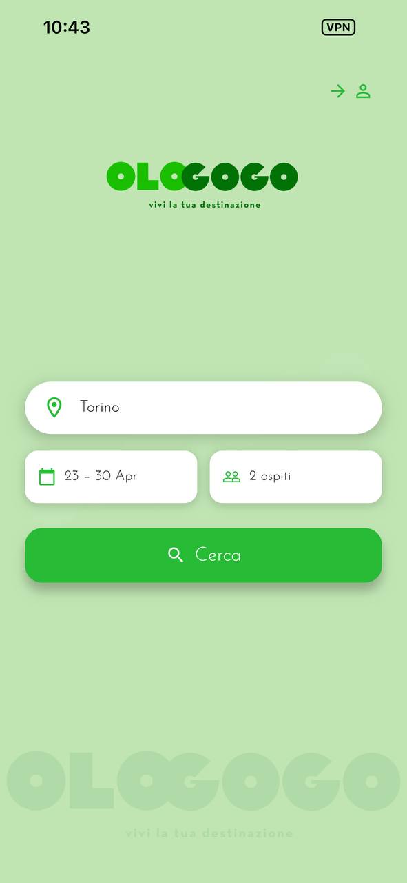 Schermata di ricerca soggiorno dell'app OLOGOGO