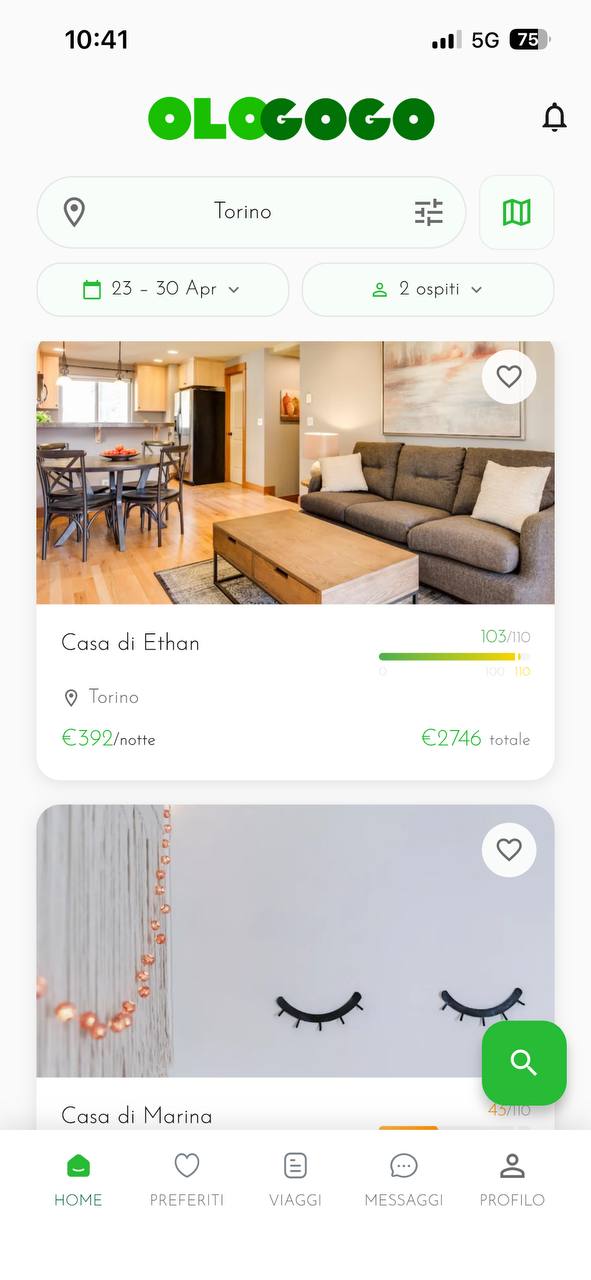 Schermata elenco alloggi dell'app OLOGOGO